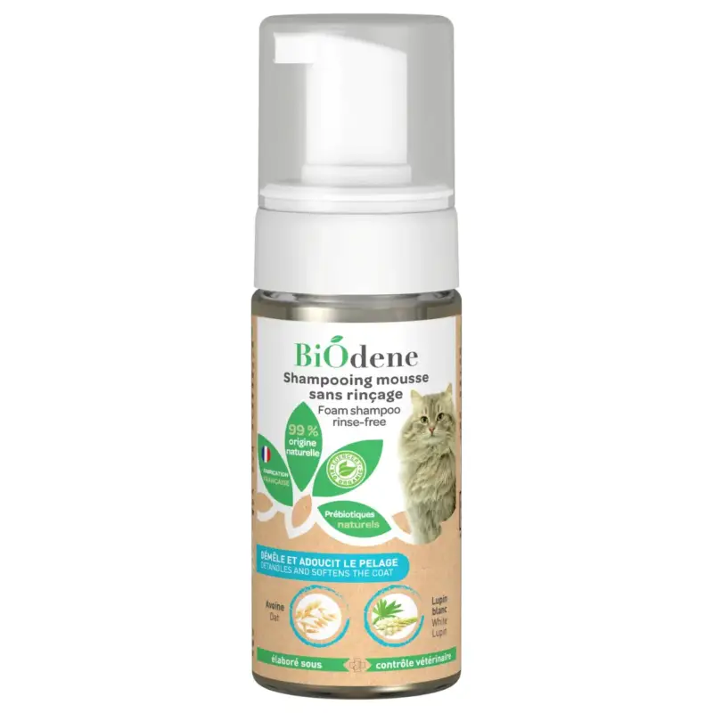 Shampooing mousse pour chat sans rinçage Biodène – 125 ml Authentique