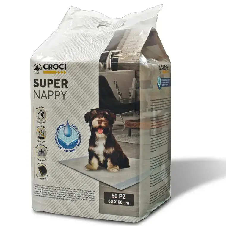 Lot de 50 tapis hygiéniques pour chien super nappy au charbon actif 50 pièces Crocy – 60 x 60 cm Produit De Marque