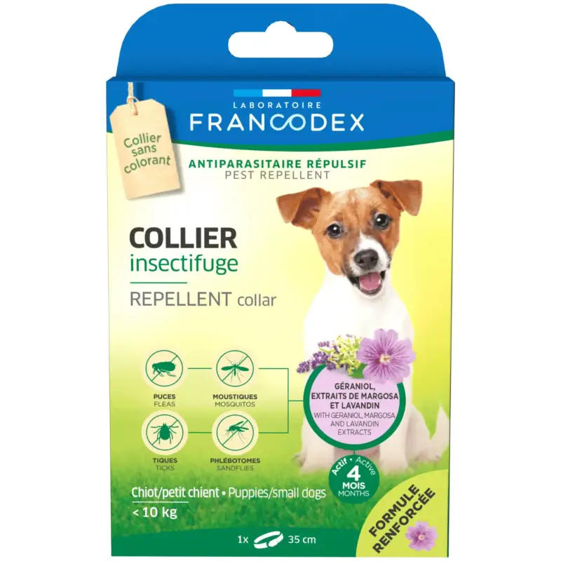 Collier insectifuge pour chiot et petit chien coloris blanc Francodex – Ø 35 cm Prix Cassé
