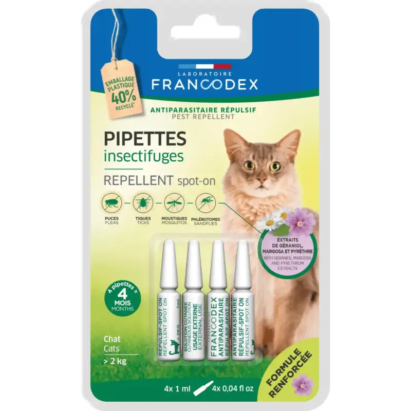 Achat Immédiat Pipettes antiparasitaires répulsives pour chat Francodex – 4 x 1 ml