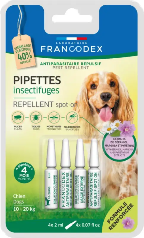 Pipettes antiparasitaires répulsives pour chien 10 à 20 kg Francodex – 4 x 2 ml Must-Have