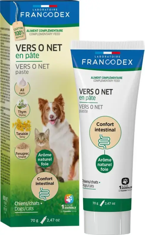 Top Vente Aliment complémentaire pour chien et chat en pâte Francodex Vers O Net – tube de 70 g