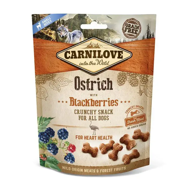Promotion Friandise pour chien snack croquant goût autruche aux mûres Carnilove – 200 g
