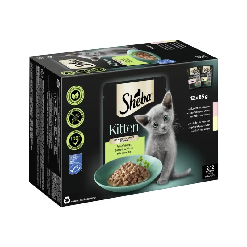 Sheba Multipack Kitten en sauce et fine variété au saumon, au poulet MSC 12 x 85 g Offre Spéciale