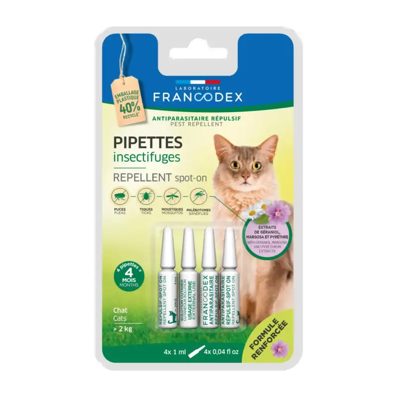 Prix Réduit Soin Chat – Francodex Pipettes antiparasitaires insectifuges Chats plus de 2 kg – 4 x 1 ml