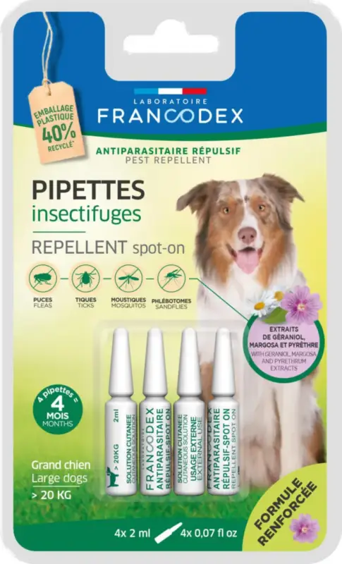 Expédition Rapide Soin Chien – Francodex Pipettes antiparasitaires insectifuges Grands Chiens plus de 20 kg – 4 x 2 ml