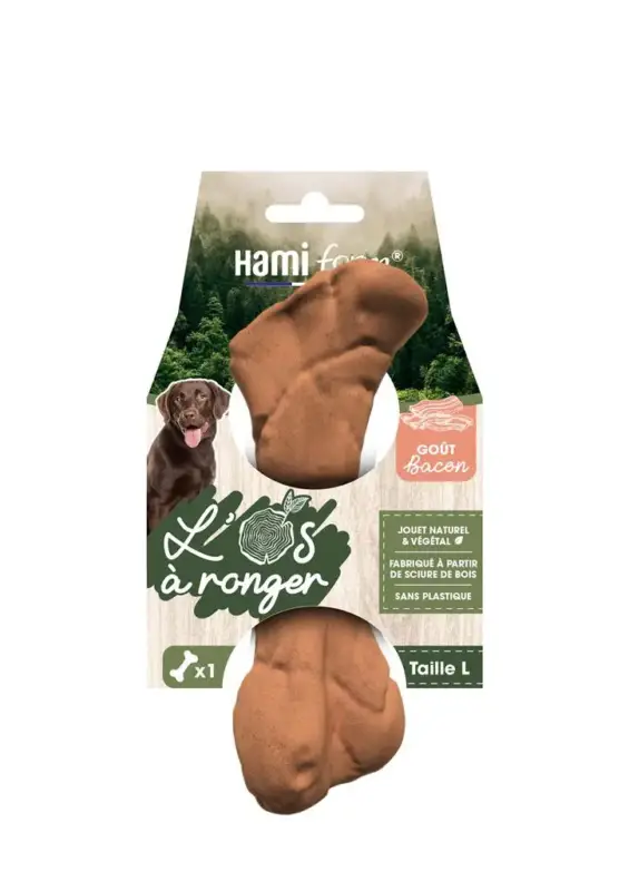 Hamiform Jouet Chien Os à ronger végétal Saveur Bacon L – 18,2 cm 210 gr Vente Directe