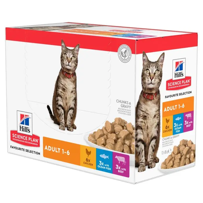 Hill&rsquo;s Science Plan Adult Multipack 12 Sachets De Repas Pour Chat Poulet, Boeuf Et Poisson 85g Haute Qualité