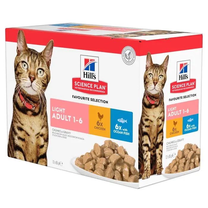 Authentique Hill&rsquo;s Science Plan Adult Light Pour Chat Au Poulet Et Poisson – 12 Sachets de 85g