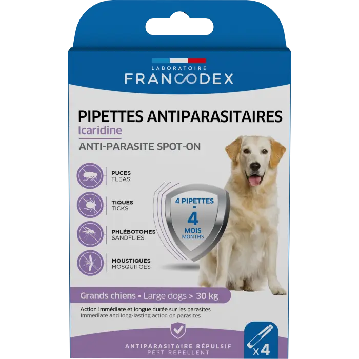 Francodex Pipettes Antiparasitaires en Icardine Spot-On pour Chiens 4 pièces Offre Du Jour