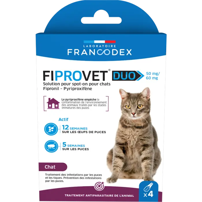 Offre Du Jour Francodex Fiprovet Duo 50mg/60mg Spot-On pour Chat 4×0,5ml
