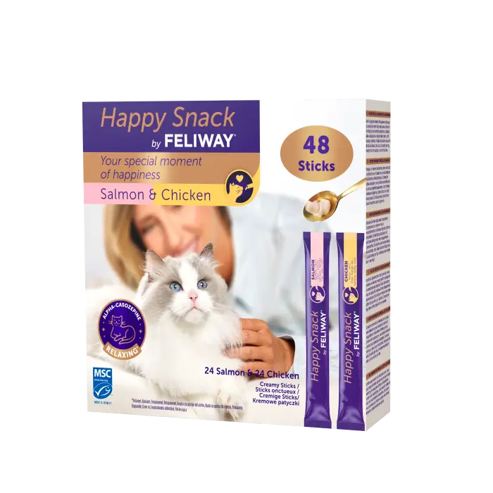 Expédié Aujourd&rsquo;hui Feliway Happy Snack Liquide pour Chats au Poulet et Saumon 48x15g