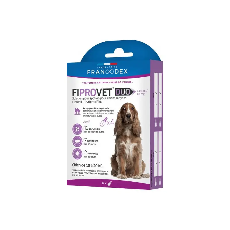 Retour Gratuit Antiparasitaire pour chien Fiprovet Duo x4 Francodex