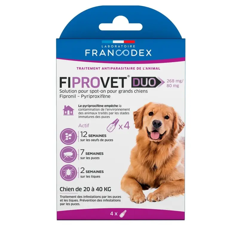 Soldes Antiparasitaire Fiprovet Duo x4 grand chien Francodex